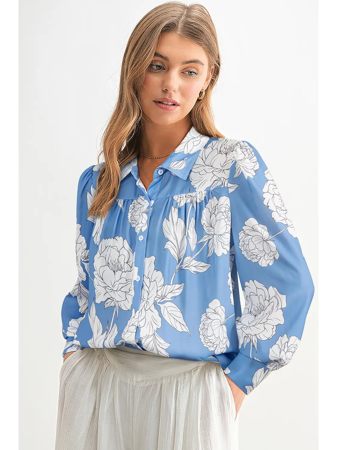 Pale Blue Floral Collared Blouse