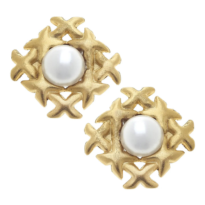 Clip On Pearl Cross Earrings