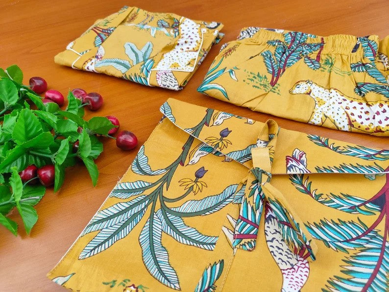 Yellow Tropical Safari Block Print Pajamas Set