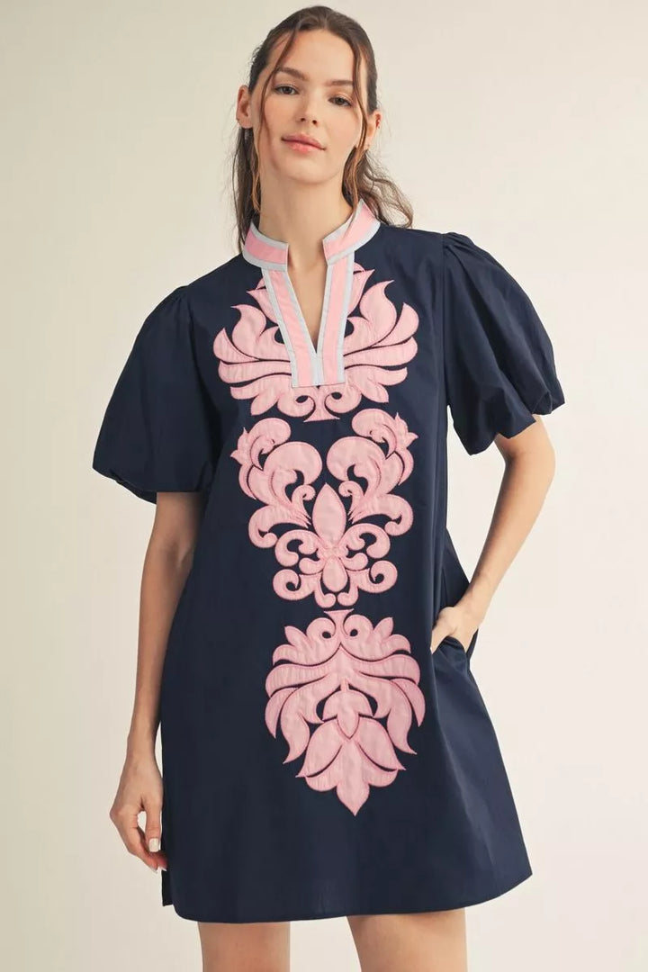 Shay Navy & Pink Banded Applique Dress