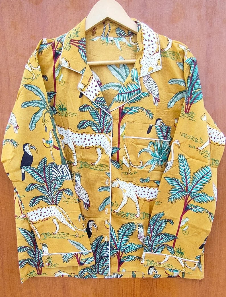 Yellow Tropical Safari Block Print Pajamas Set