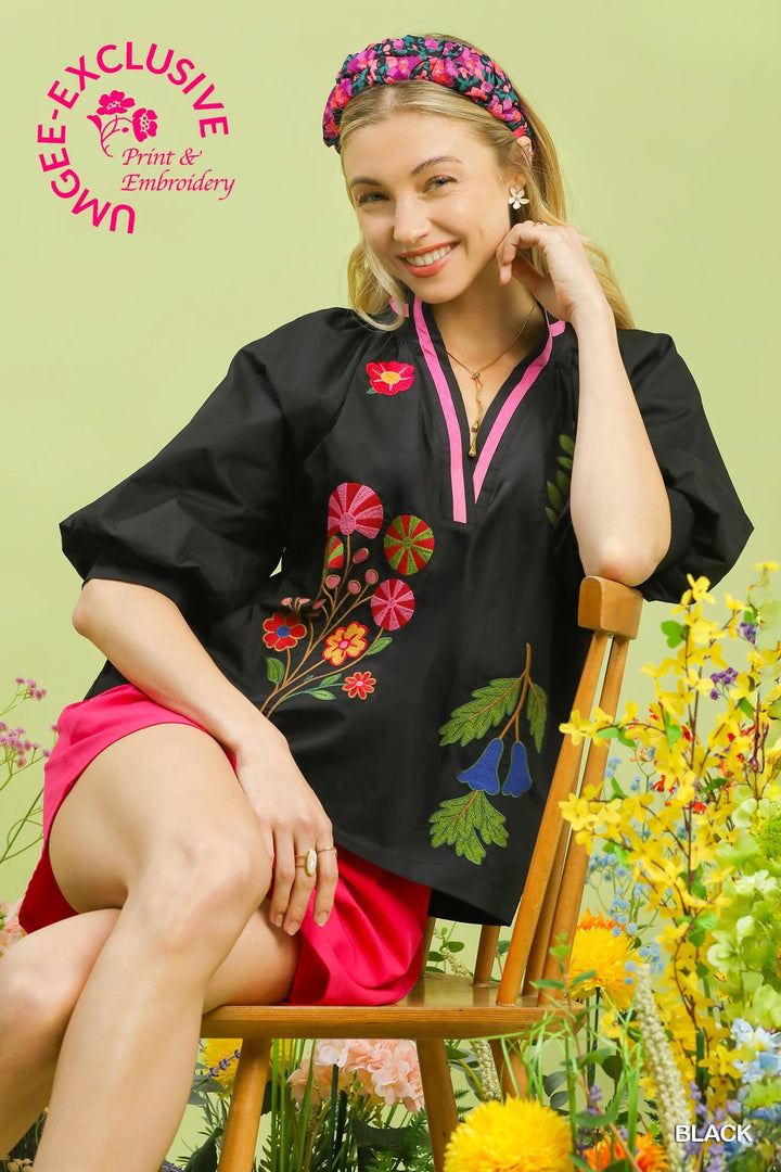 Lana Black Embroidered Floral Top