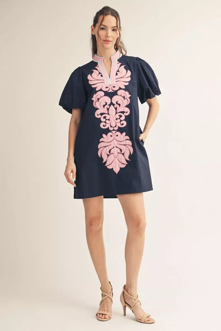 Shay Navy & Pink Banded Applique Dress