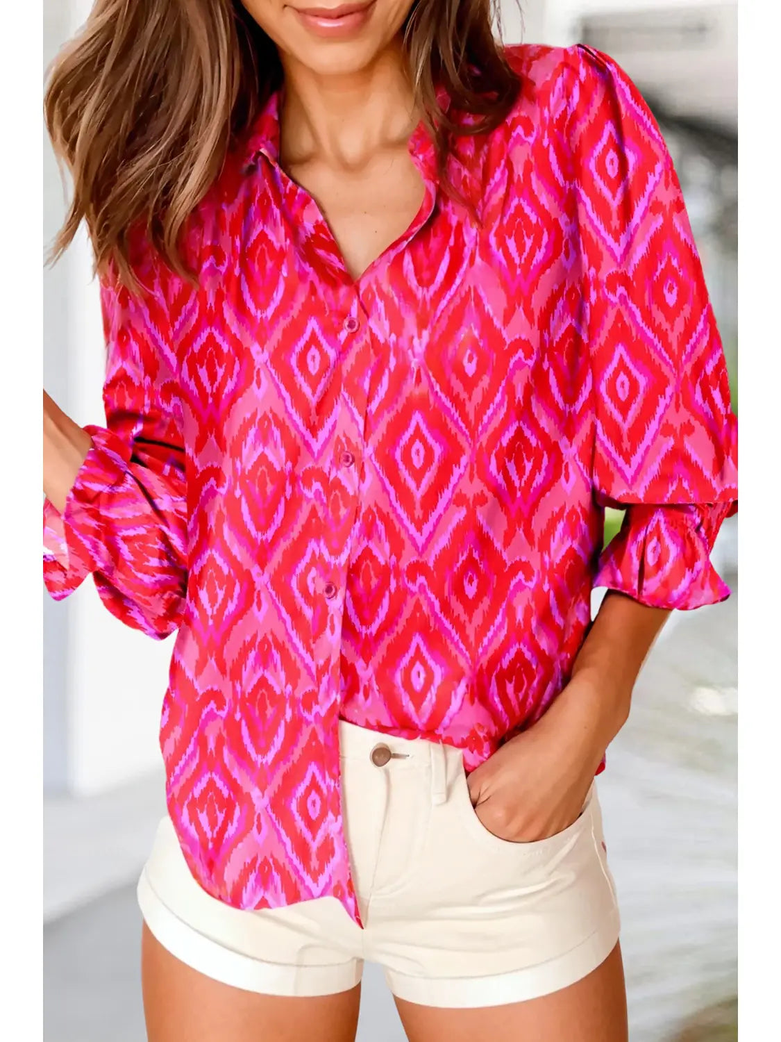 Hot Pink Abstract Collared Blouse