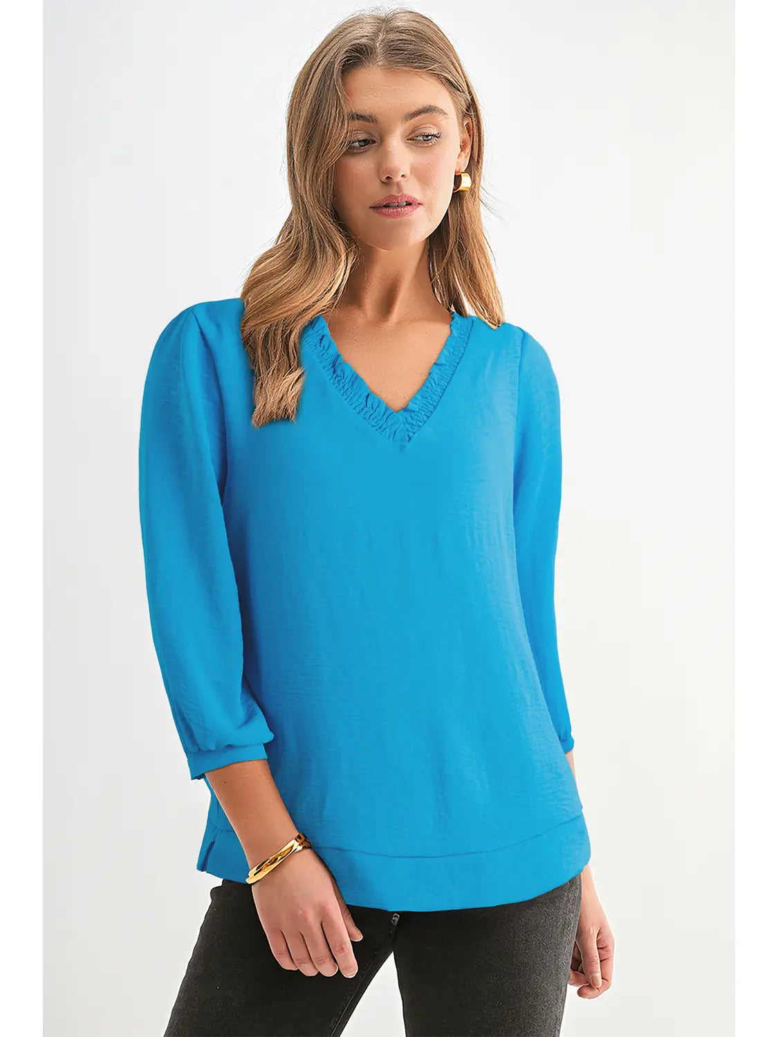 Turquoise Blue Ruffle Neck Top