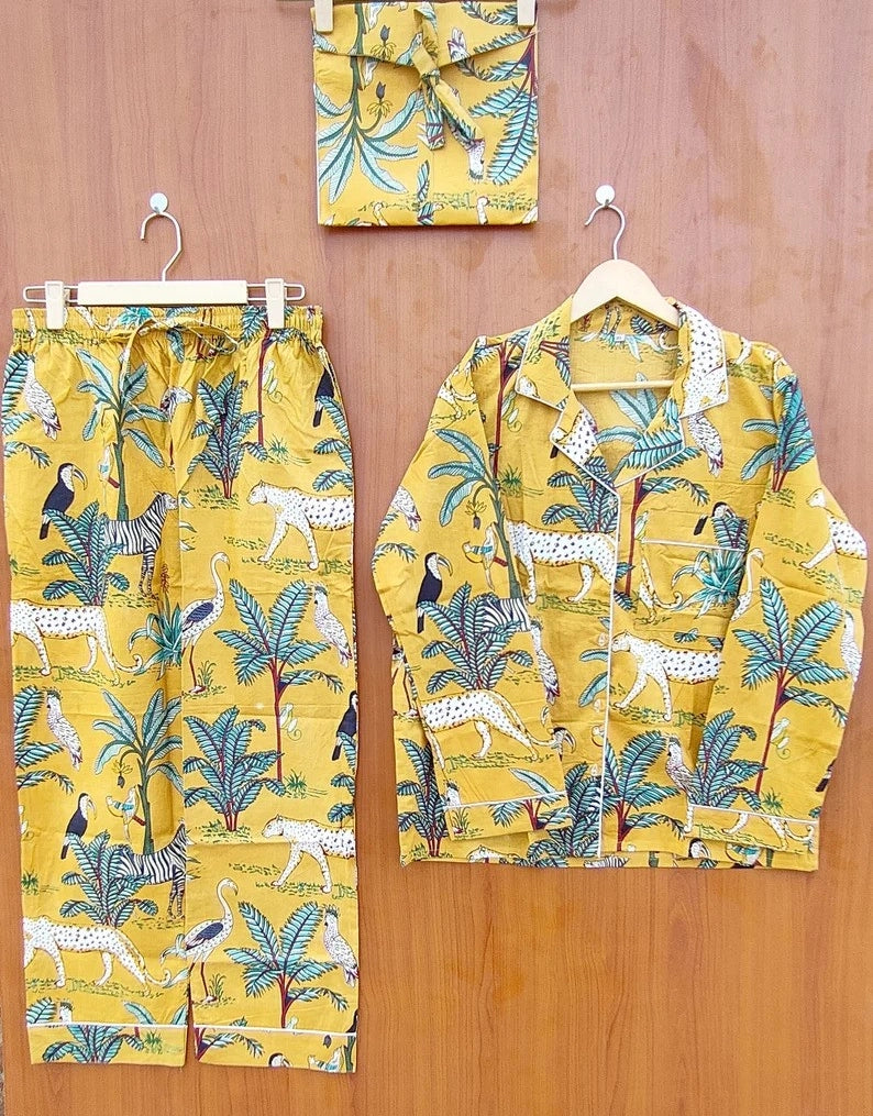 Yellow Tropical Safari Block Print Pajamas Set