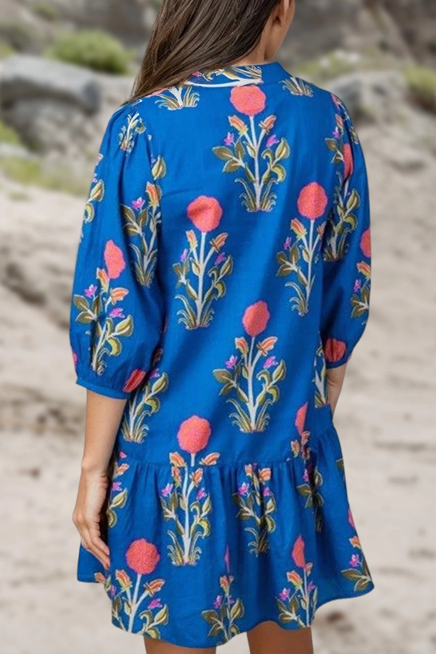 Royal Blue Floral Sleeved Dress