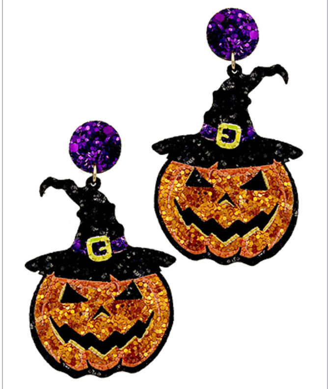 Glitter Witch Hat Pumpkin Earrings