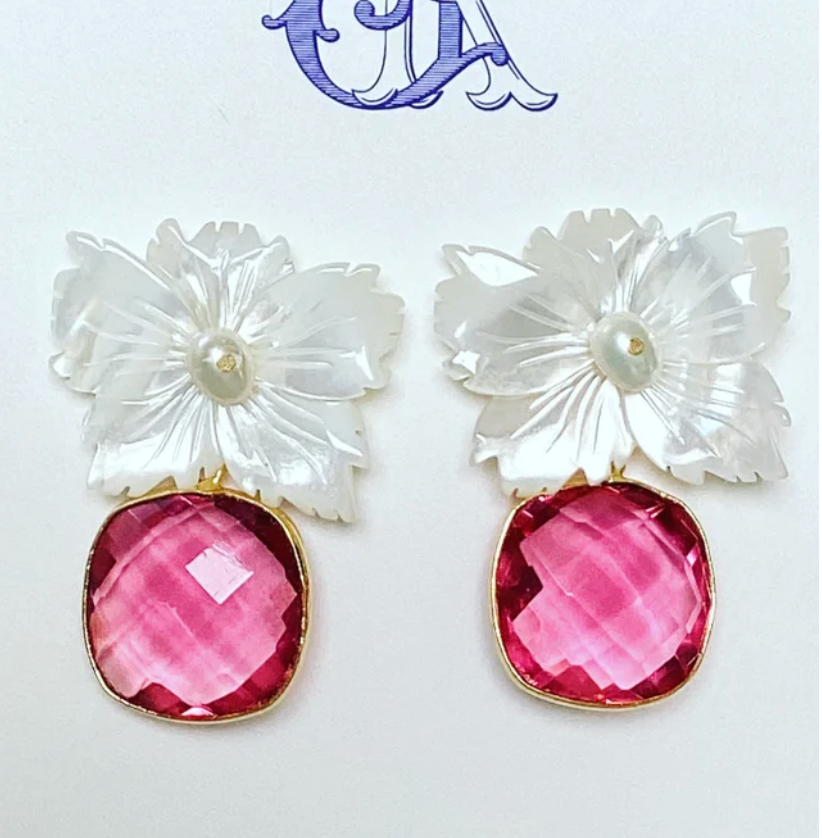 Aster Mother of Pearl Flower & Gemstone Earrings