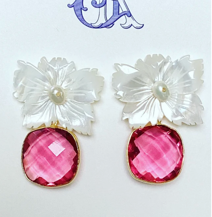 Aster Mother of Pearl Flower & Gemstone Earrings