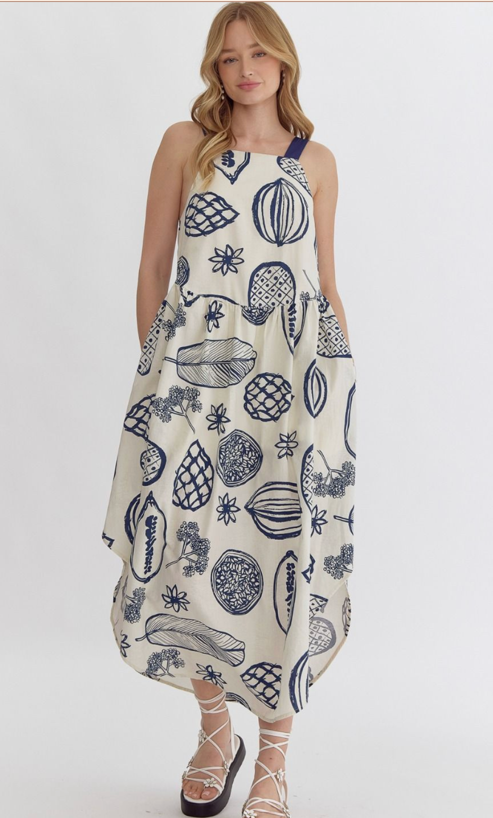 Blue & White Fruit Midi Dress Kim Taylor and Company