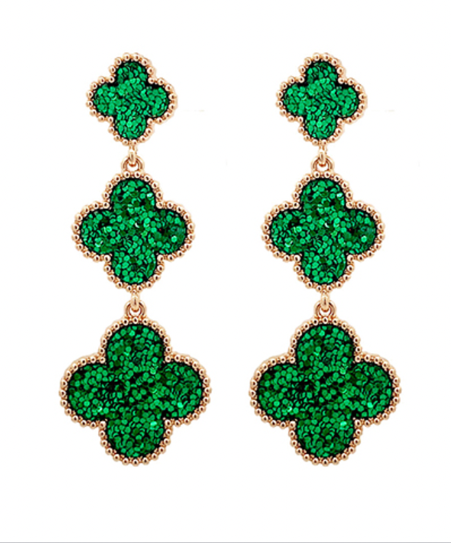Triple Green Glitter Clover Earrings