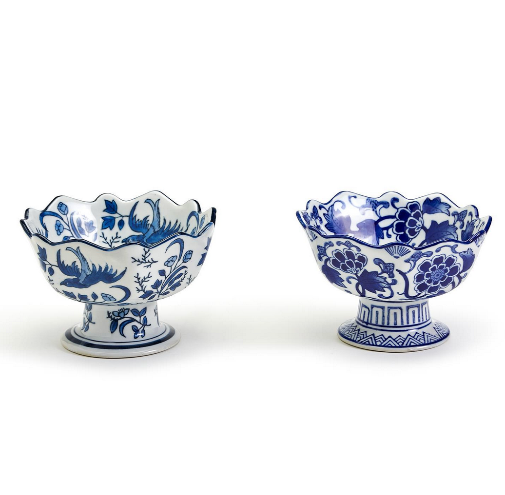 Scalloped Blue & White Pedestal Bowl