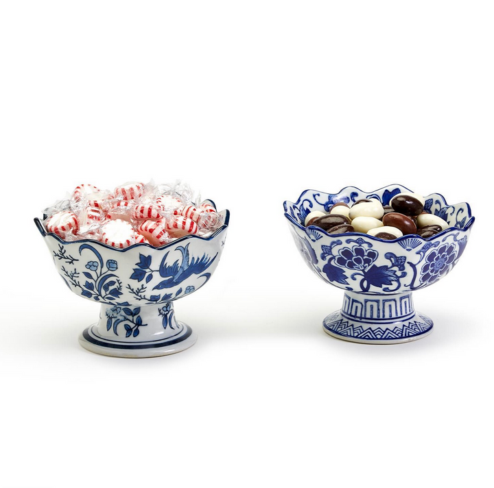 Scalloped Blue & White Pedestal Bowl