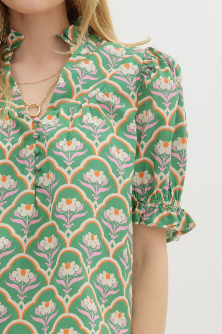 Wilma Green Geometric Floral Top