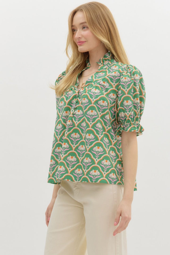 Wilma Green Geometric Floral Top