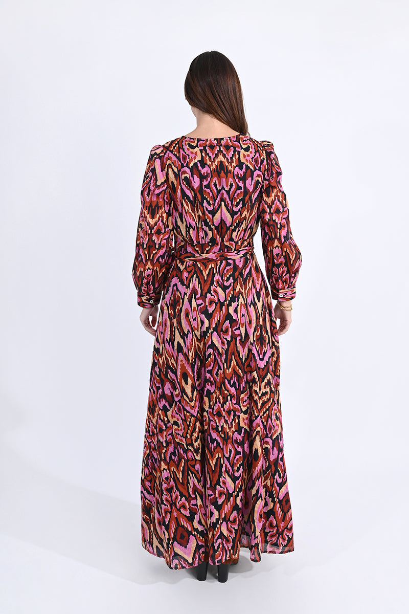 Gaia Camel Fuchsia Print Maxi Dress