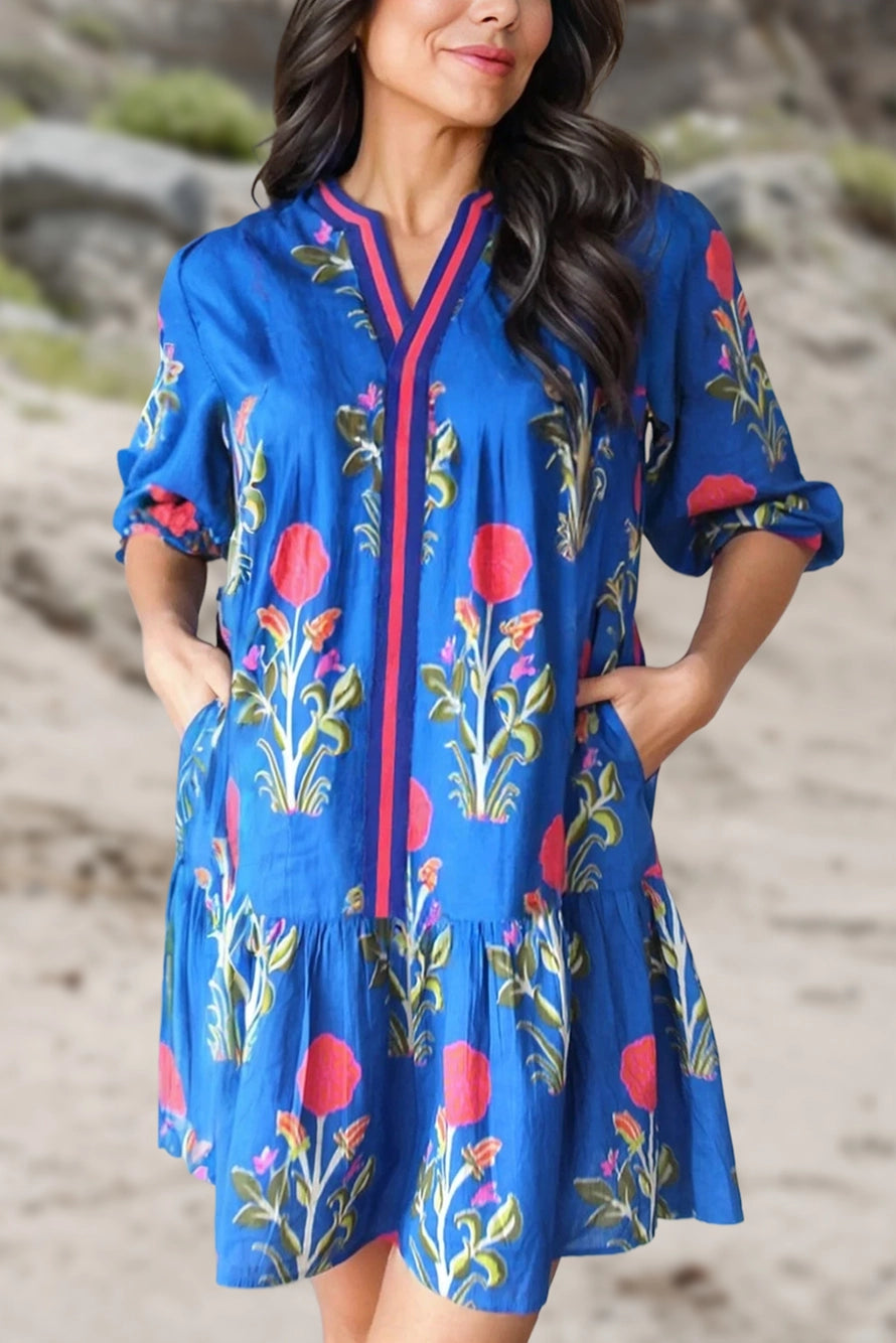 Royal Blue Floral Sleeved Dress