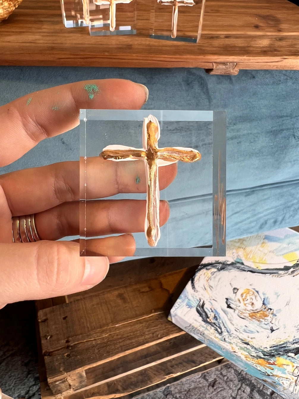 Gold Cross on Lucite Mini Art