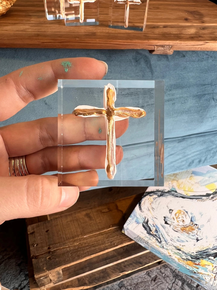 Gold Cross on Lucite Mini Art