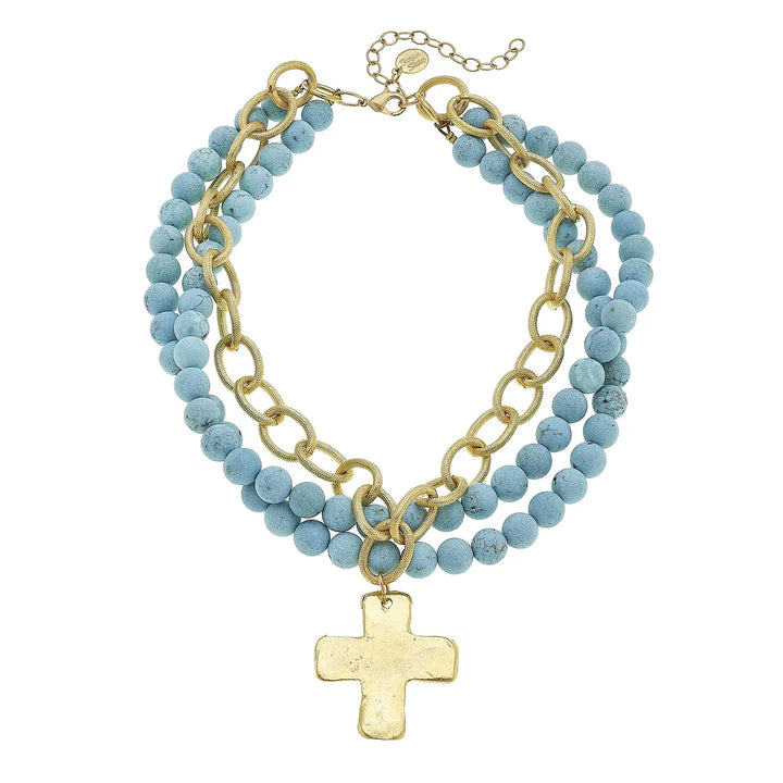 Gold Cross Chain Double Turquoise Strand Necklace