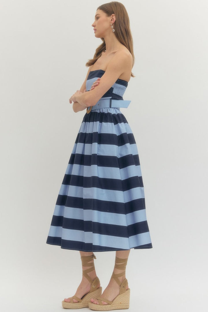 Mila Navy Striped Strapless Dress