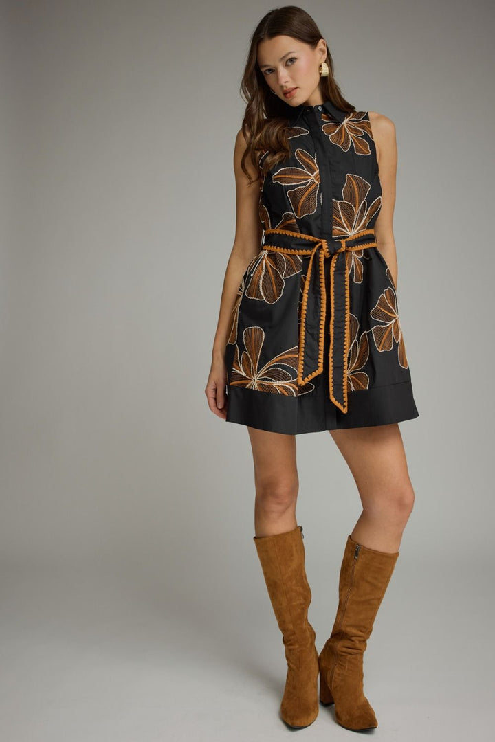 Quinn Black & Carmel Embroidered Dress