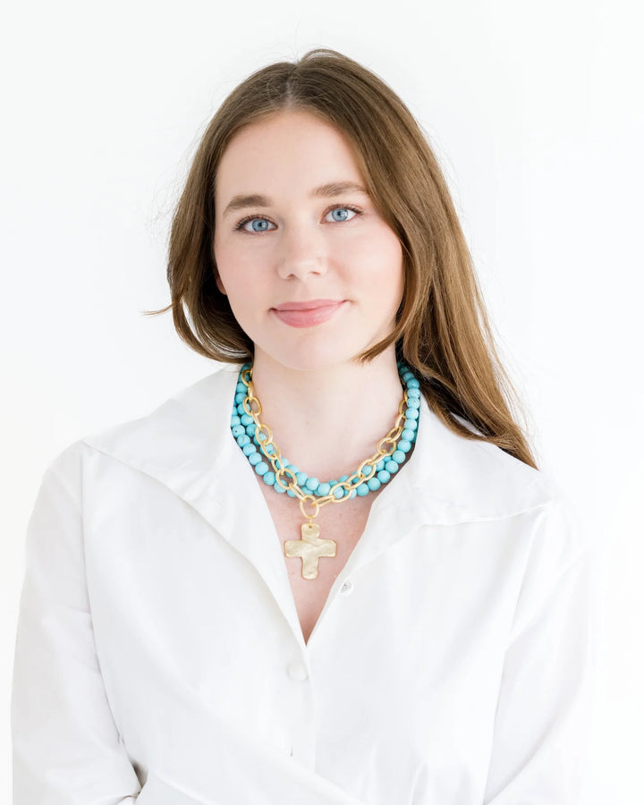 Gold Cross Chain Double Turquoise Strand Necklace