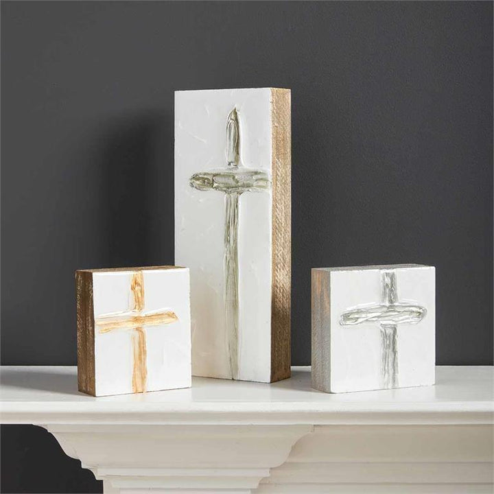 Tall Silver Cross Wood Block Art