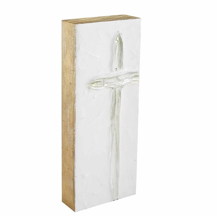 Tall Silver Cross Wood Block Art
