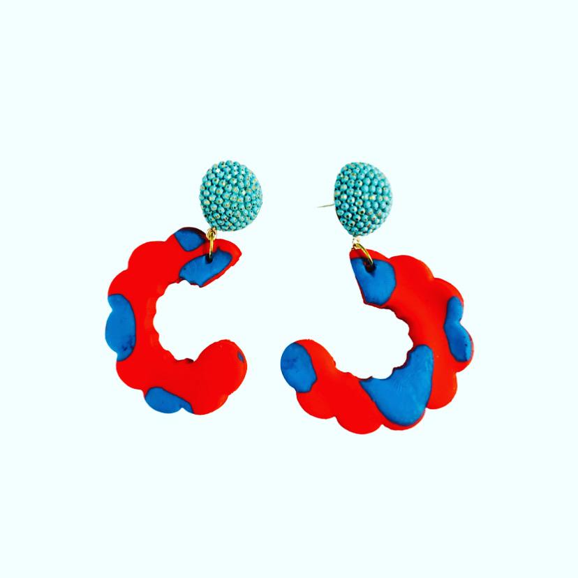 Blue and Poppy Scalloped Earrings