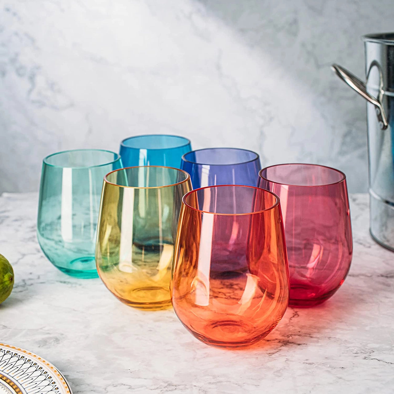 Colored Acrylic Stemless Wine Glasses Set/6