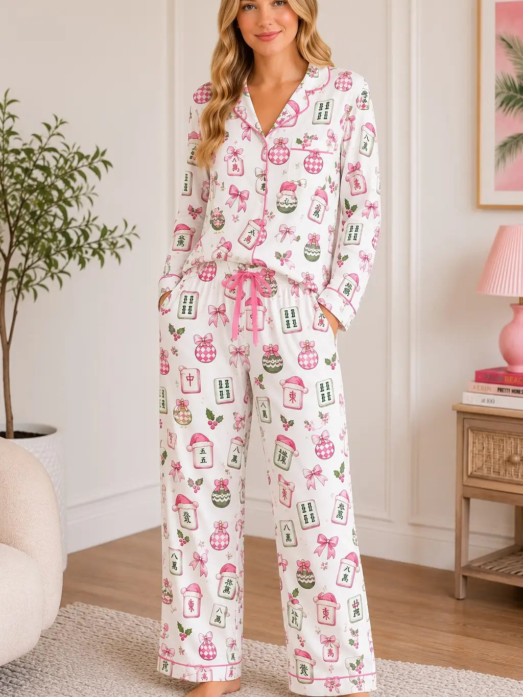 Pink Christmas Mahjong Pajama Set