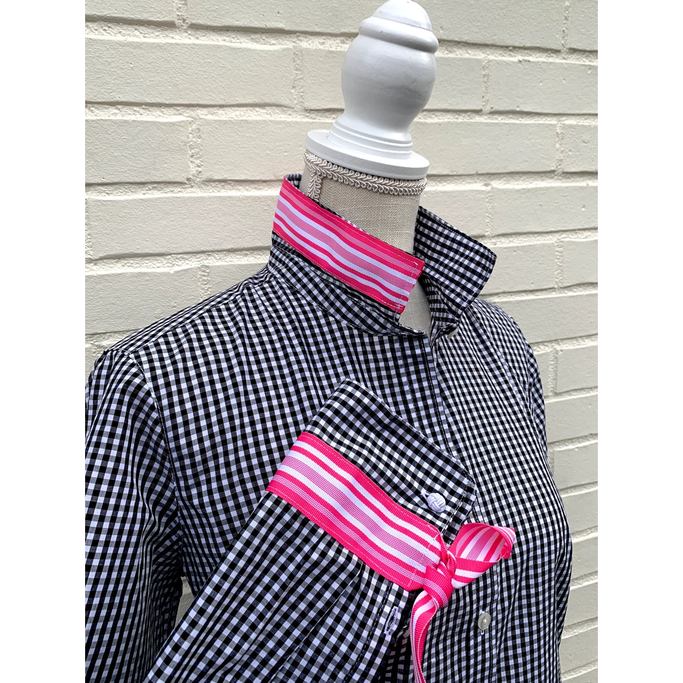 Audrey Black Gingham Blouse with Pink Accents