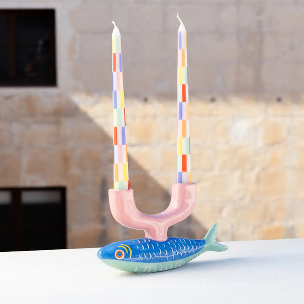 Multicolor Check Taper Candle Pair