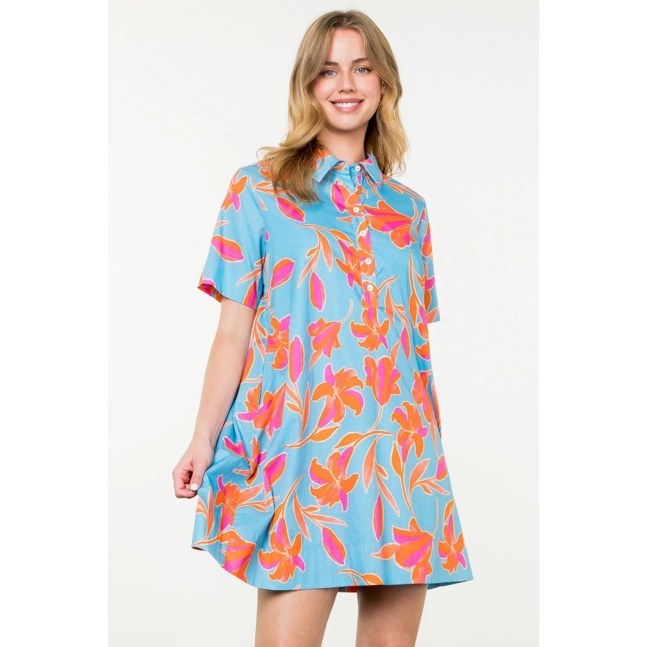 Belle Blue & Orange Floral Shirt Dress