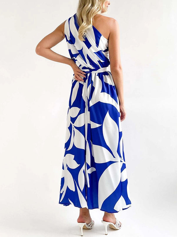 Blue & White One Shoulder Maxi Dress