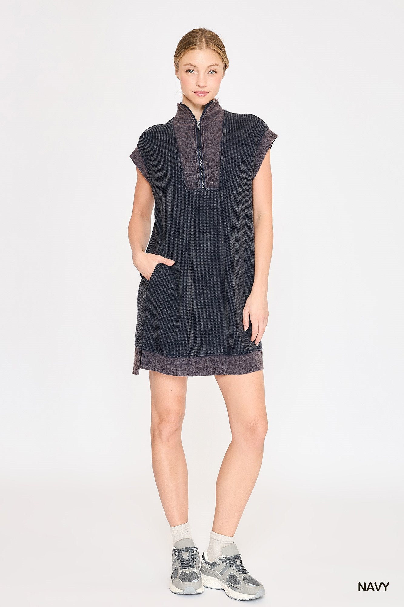 Lila Navy Waffle Quarter Zip Dress