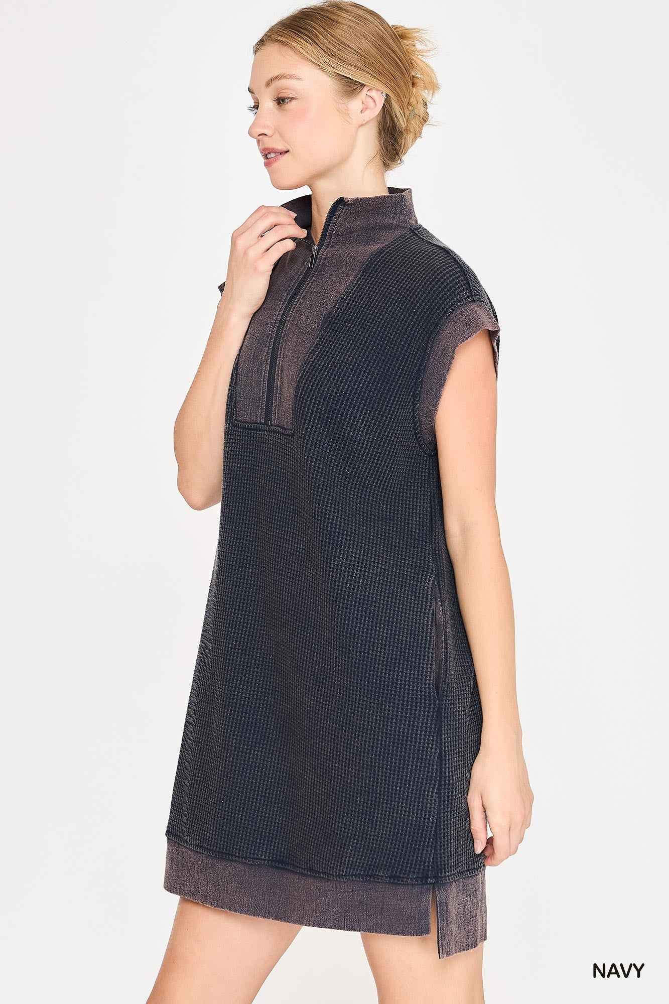 Lila Navy Waffle Quarter Zip Dress