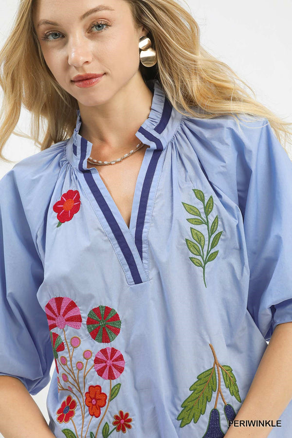 Posey Blue Embroidered Floral Top