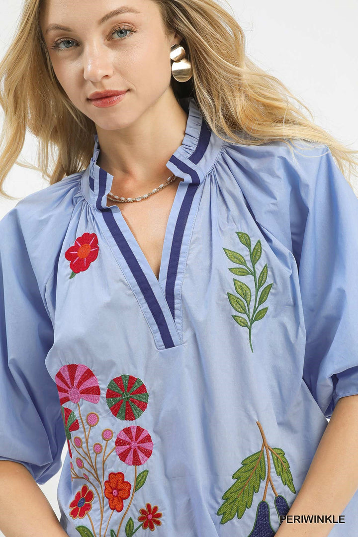 Posey Blue Embroidered Floral Top