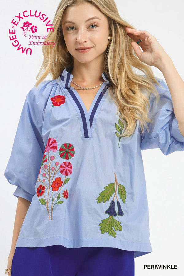 Posey Blue Embroidered Floral Top