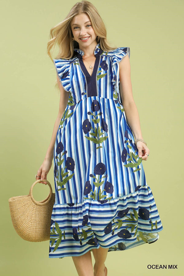 Iris Blue Striped Block Print Dress