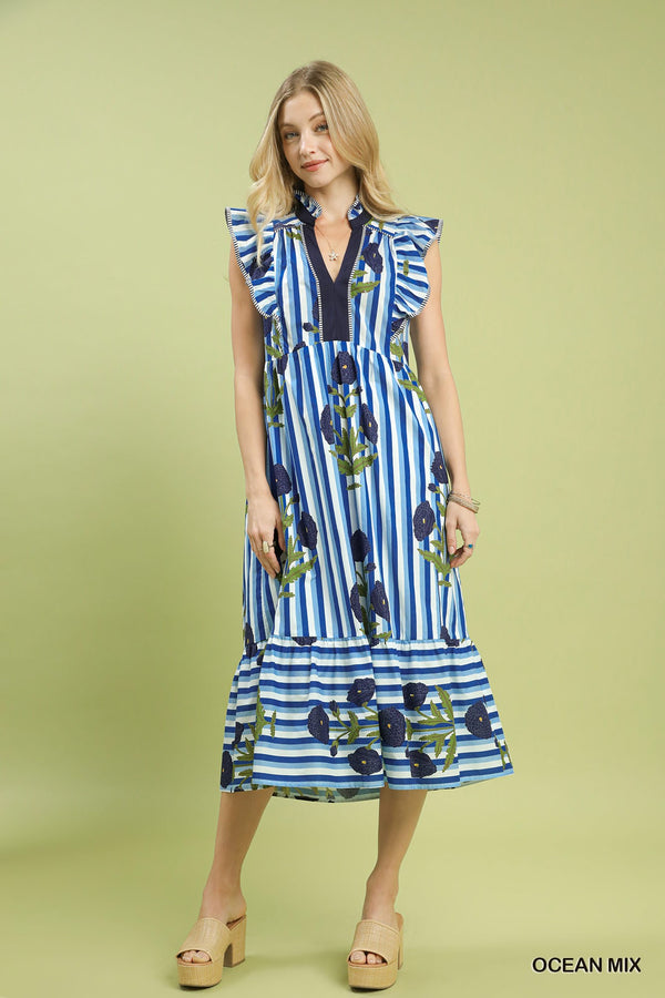 Iris Blue Striped Block Print Dress