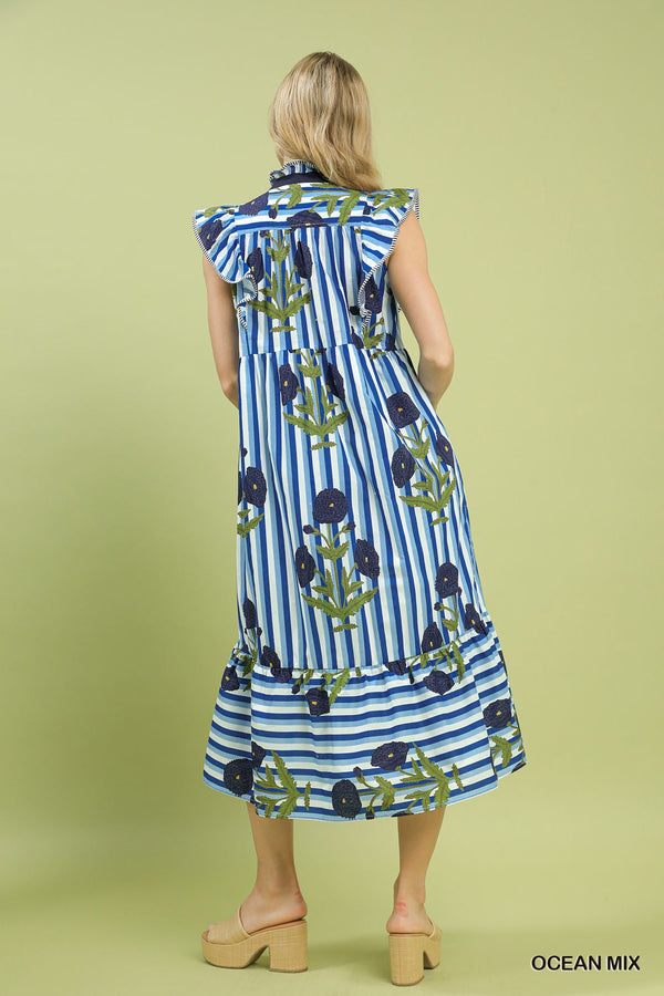 Iris Blue Striped Block Print Dress
