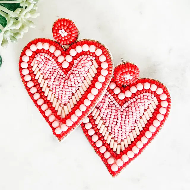 Pink & Red Beaded Heart Earrings