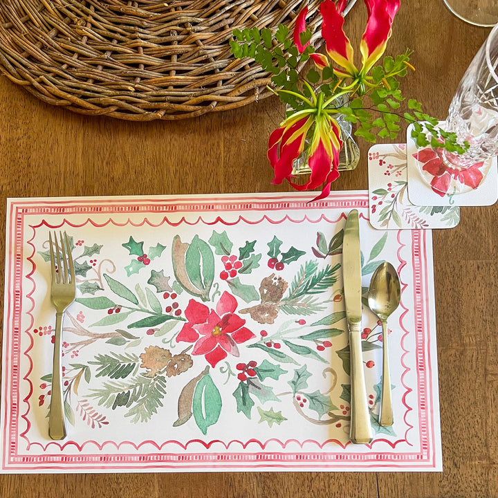 Poinsettia Paper Placemats Set/24