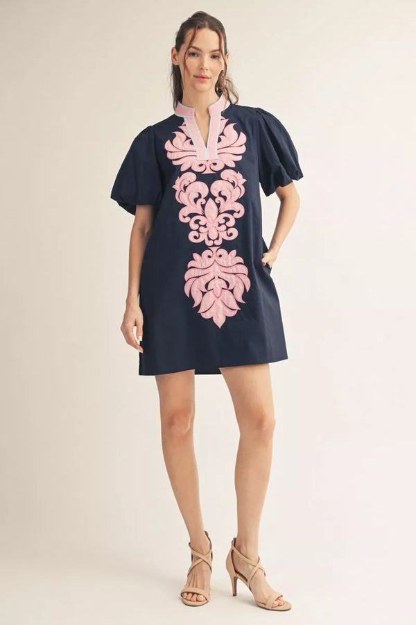 Shay Navy & Pink Banded Applique Dress