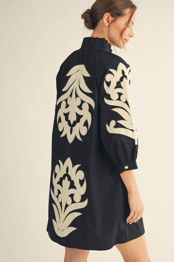 Tina Black & Cream Applique Dress