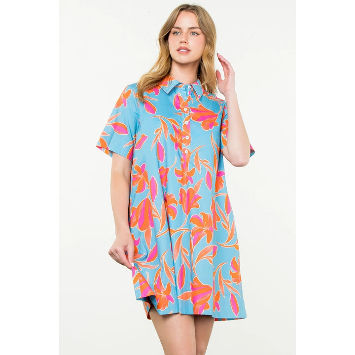 Belle Blue & Orange Floral Shirt Dress